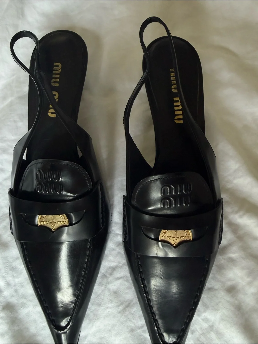 Miu Miu Black Pointed Leather Slingback Penny Loafer Pumps with Gold Penny 40